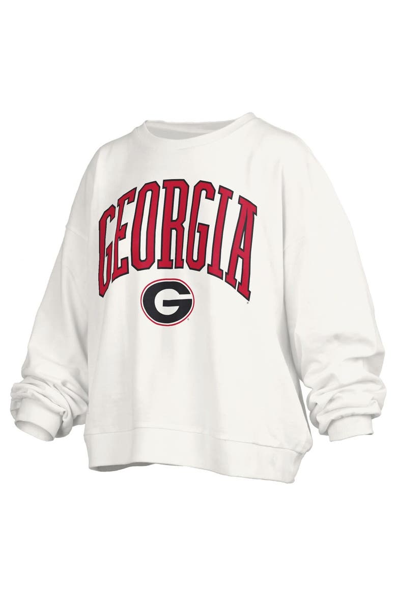 Women's Pressbox White Georgia Bulldogs Janise Arch Over Logo Waist Length Oversized Pullover Sweatshirt, Alternate, color, White
