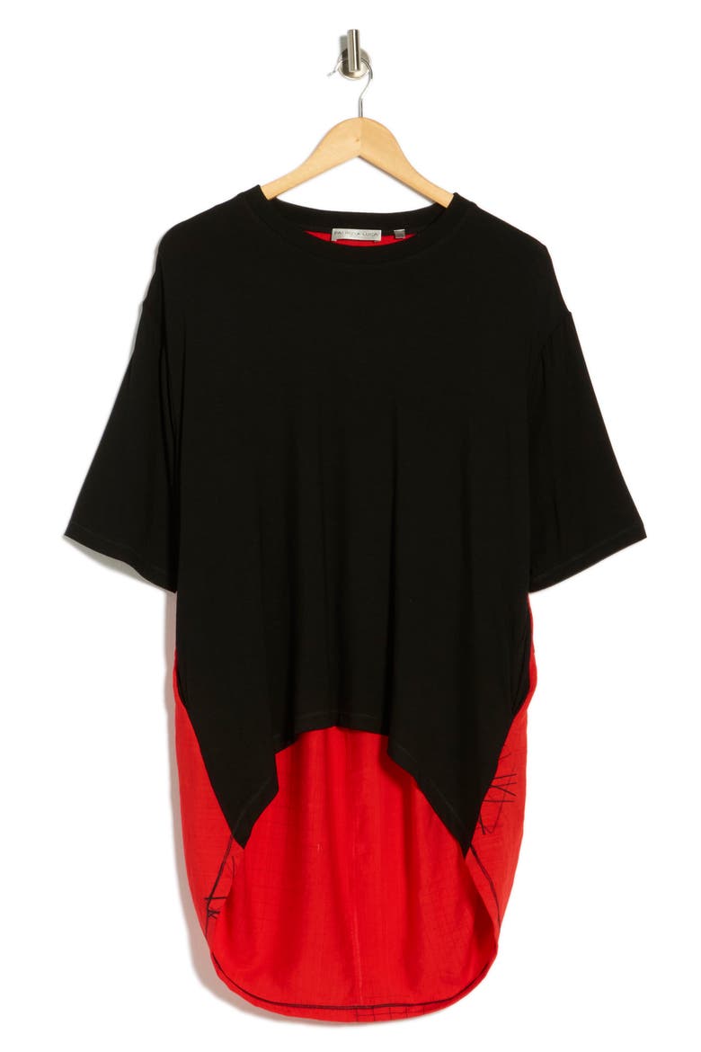 Mixed Media High-Low Top, Alternate, color, RED/BLACK