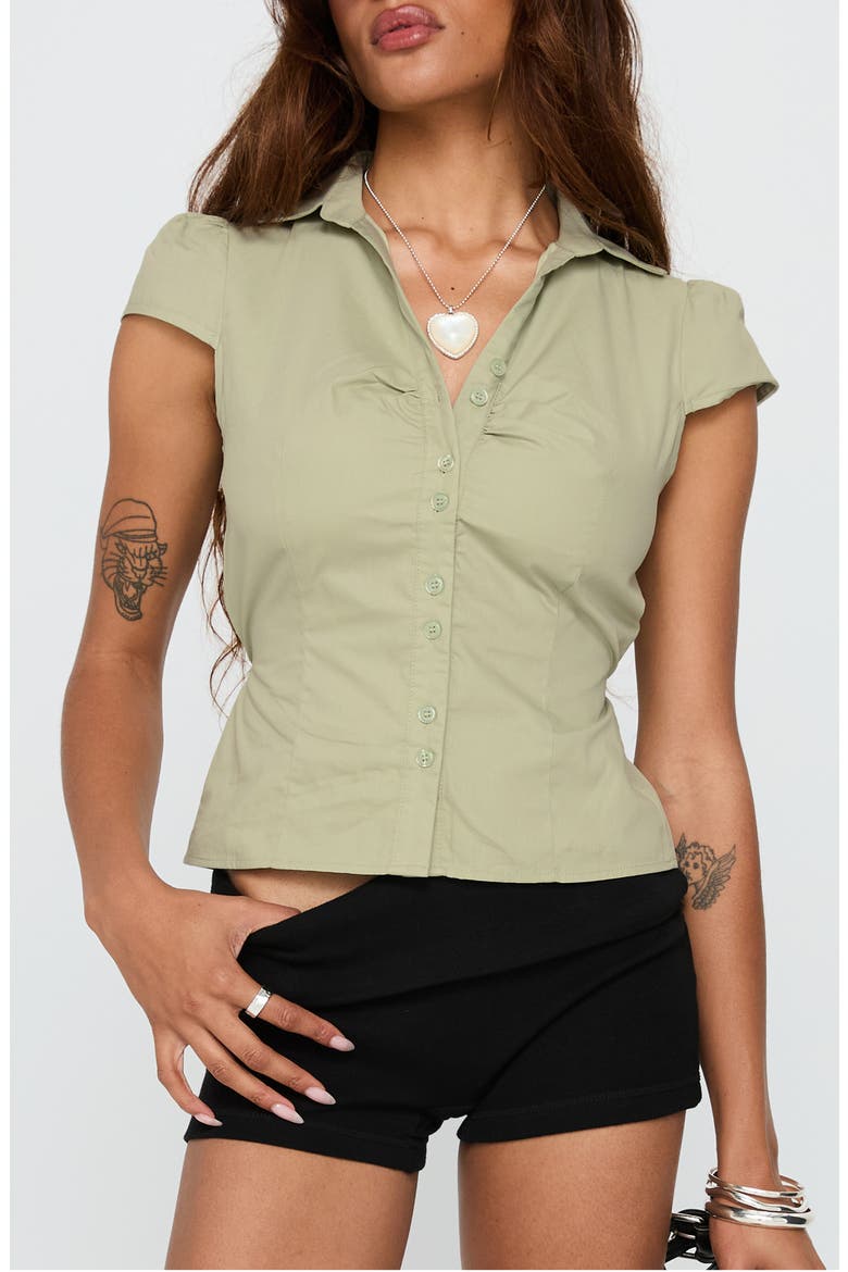 Arianwyn Cap Sleeve Cotton Button-Up Shirt, Main, color, SAGE