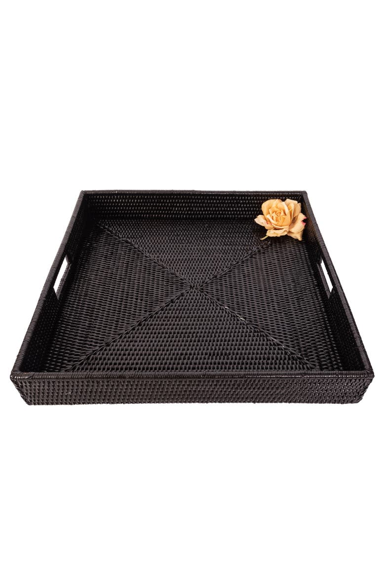 Square Rattan Ottoman Tray with Cutout Handles, Alternate, color, Tudor Black