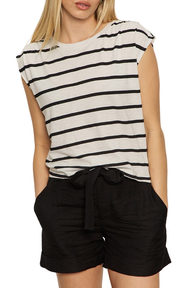 Sanctuary Pleated Stripe Muscle Tee, Main, color, White/ Black Stripe