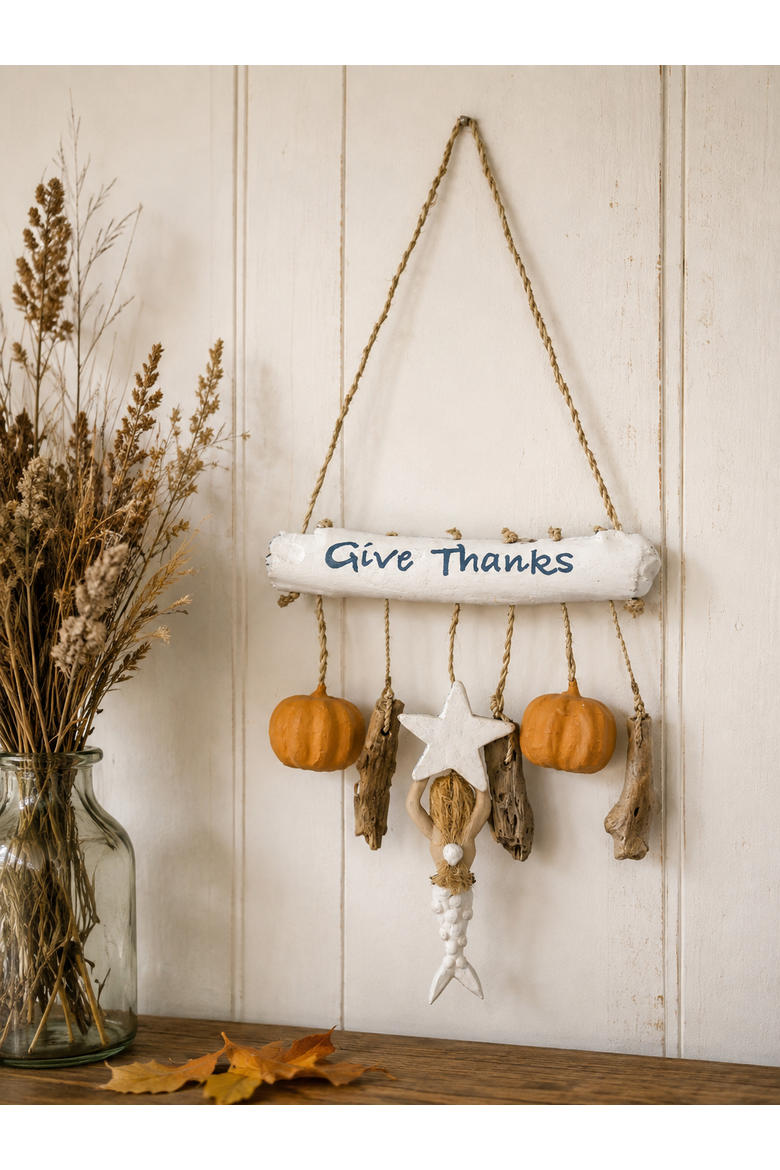 "Give Thanks" Mermaid Pumpkin Hanging Figurine, Alternate, color, White