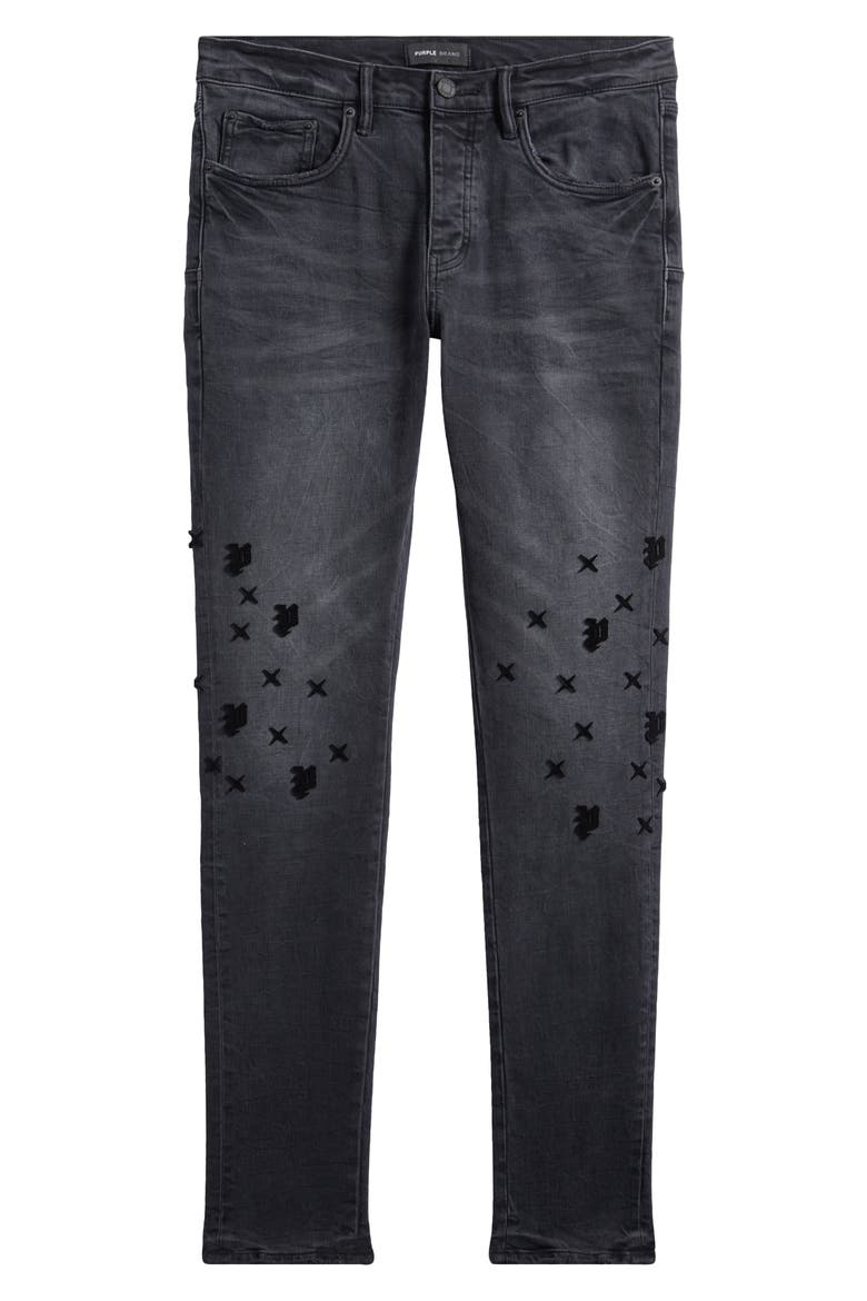Tuffetage Monogram 3D Distressed Skinny Jeans, Alternate, color, BLACK