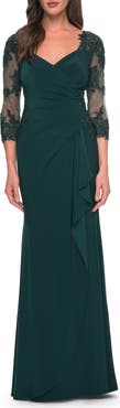 La Femme Lace and Net Jersey Gown with Illusion Sleeves