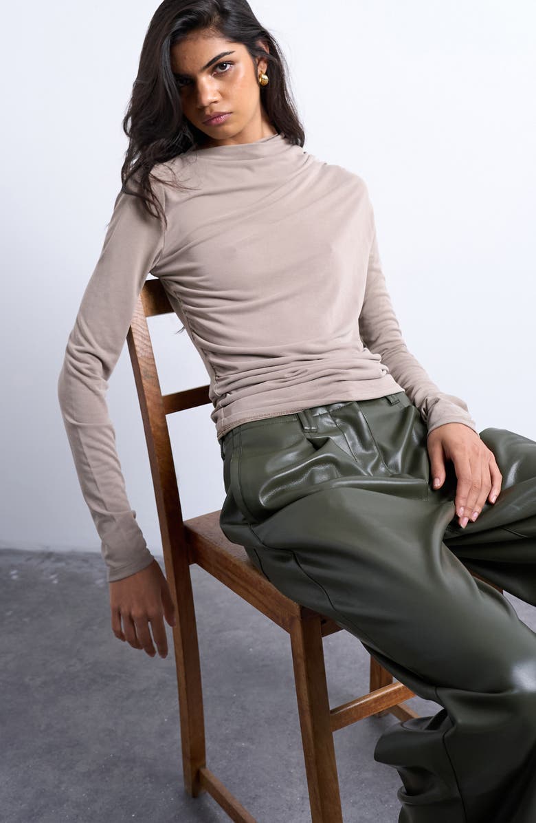 Topshop Ruched Long Sleeve Top, Alternate, color, Pale Khaki