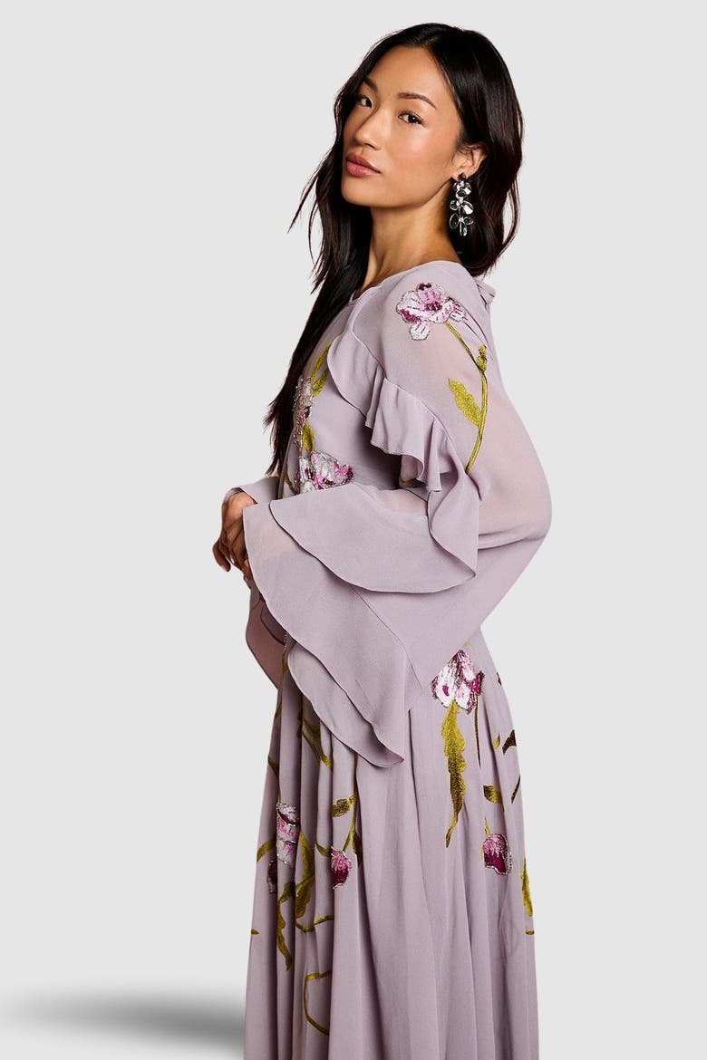 Embroidered Tiered Chiffon Midi Dress, Alternate, color, Mauve