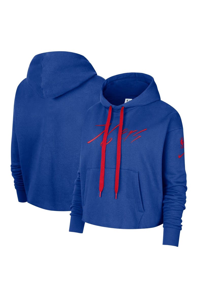 Women's Nike Royal Philadelphia 76ers Split Flip Courtside Cropped Pullover Hoodie, Main, color, Royal