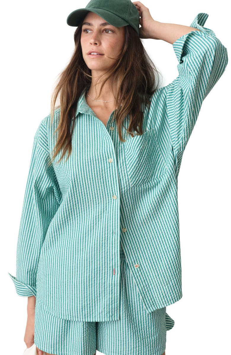 Marine Layer Gracey Stripe Oversize Cotton & Kapok Seersucker Button-Up Shirt, Alternate, color,