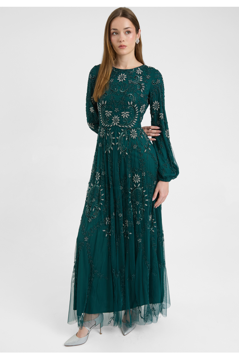 Modest Embellished Sequin Beaded Dress Maxi With A Line Bottom And Sleeve Design, Alternate, color, EMERALD GREEN