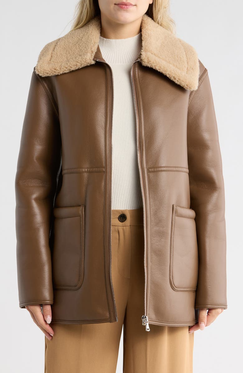 JASON WU Faux Shearling Collar Faux Leather Coat, Main, color, Brown/ Tan