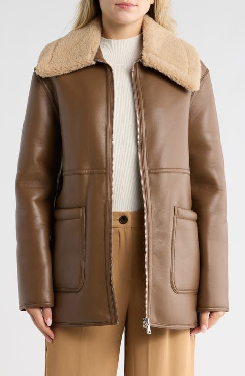 Faux Shearling Collar Faux Leather Coat