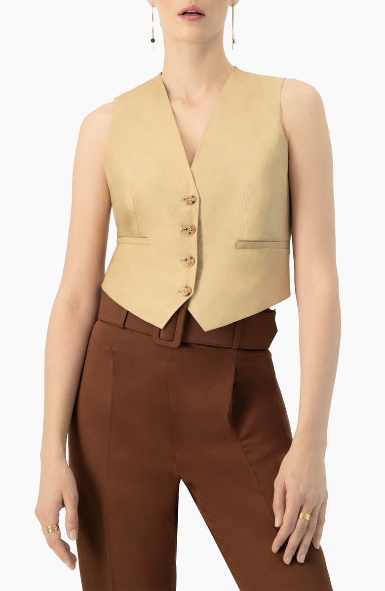 IVONNE Linen Vest with Faux Pockets, Main, color, Beige