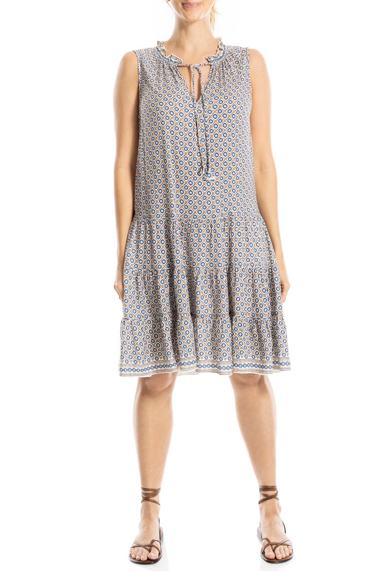Floral Split Neck Tiered Dress, Alternate, color, ECRU/ DENIM FLORETTE