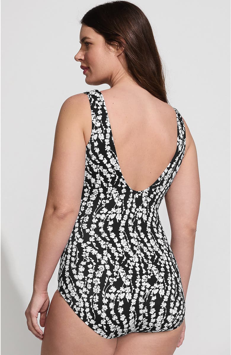 Lands' End Plus Size DD-Cup Chlorine Resistant Scoop Neck Soft Cup Tugless Sporty One Piece Swimsuit, Alternate, color, Black/White Vine Floral