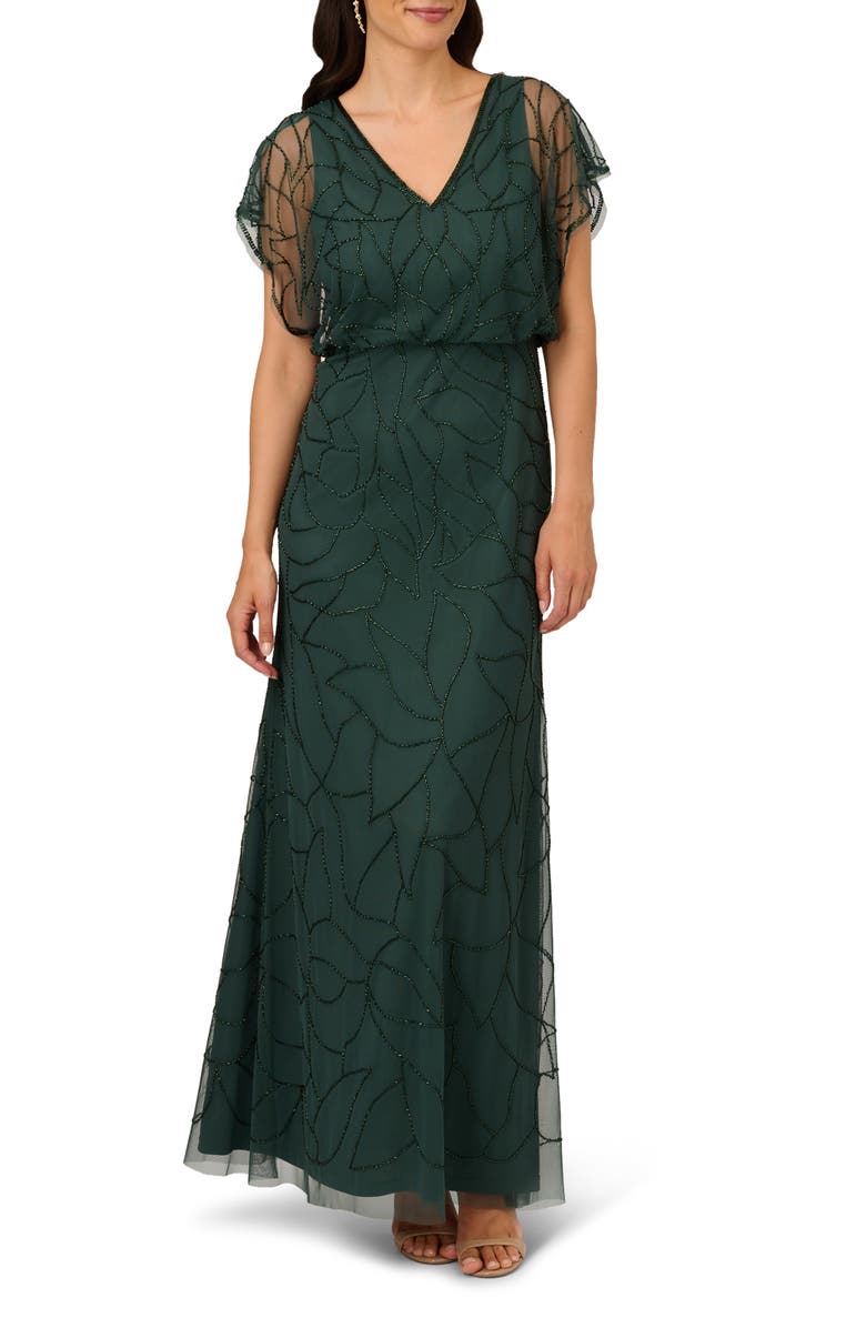 Adrianna Papell Beaded Mesh Blouson Gown, Main, color, 