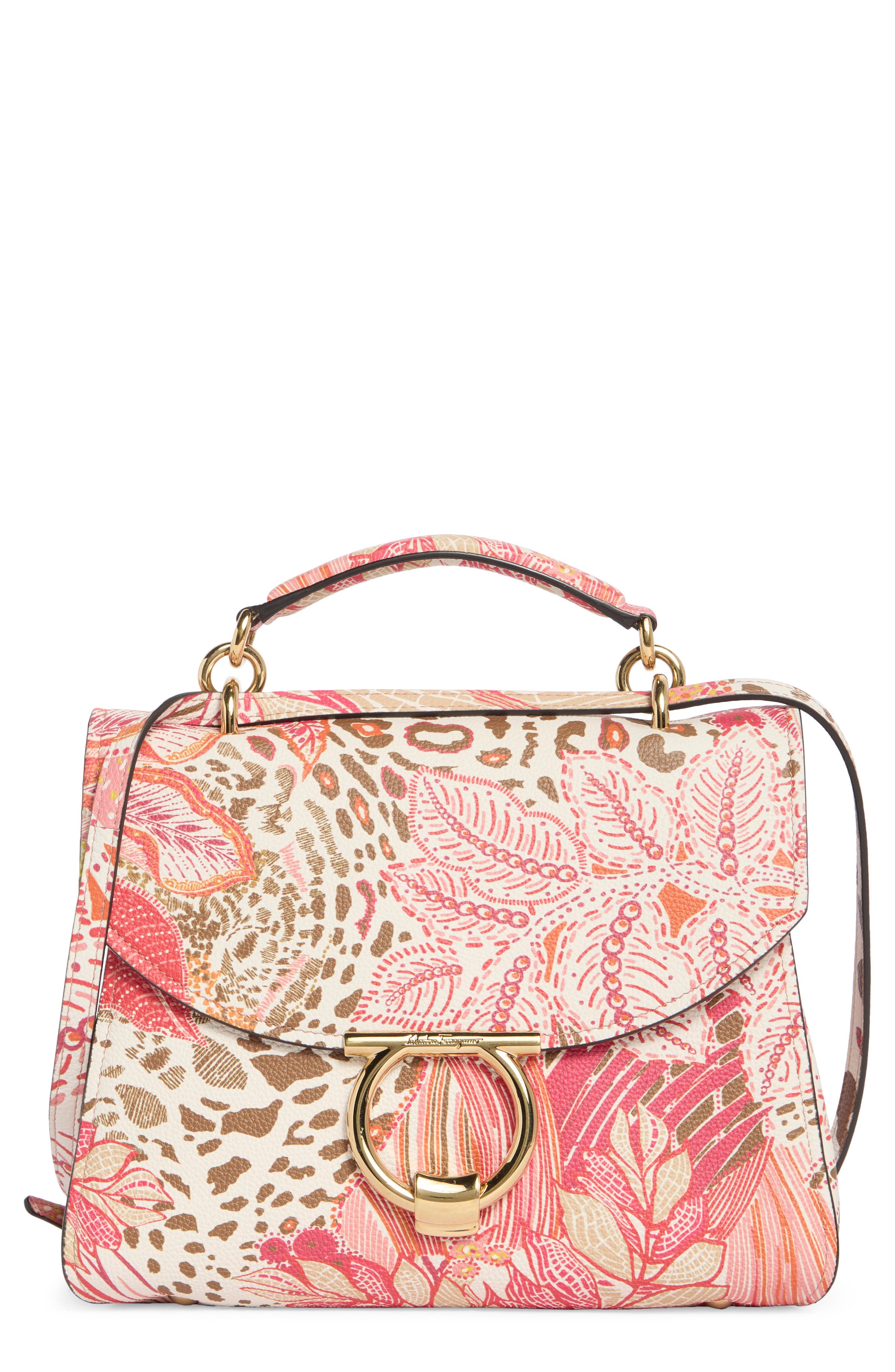 FERRAGAMO Margot Gancio Leather Handbag, Main, color, Pink Multi