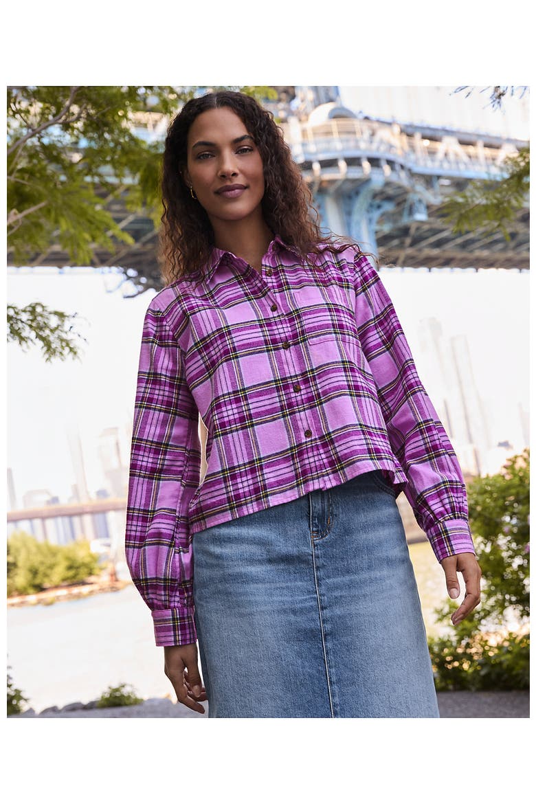 Cropped Flannel Shirt, Alternate, color, Aster Pink/Fuchsia Plum Plaid