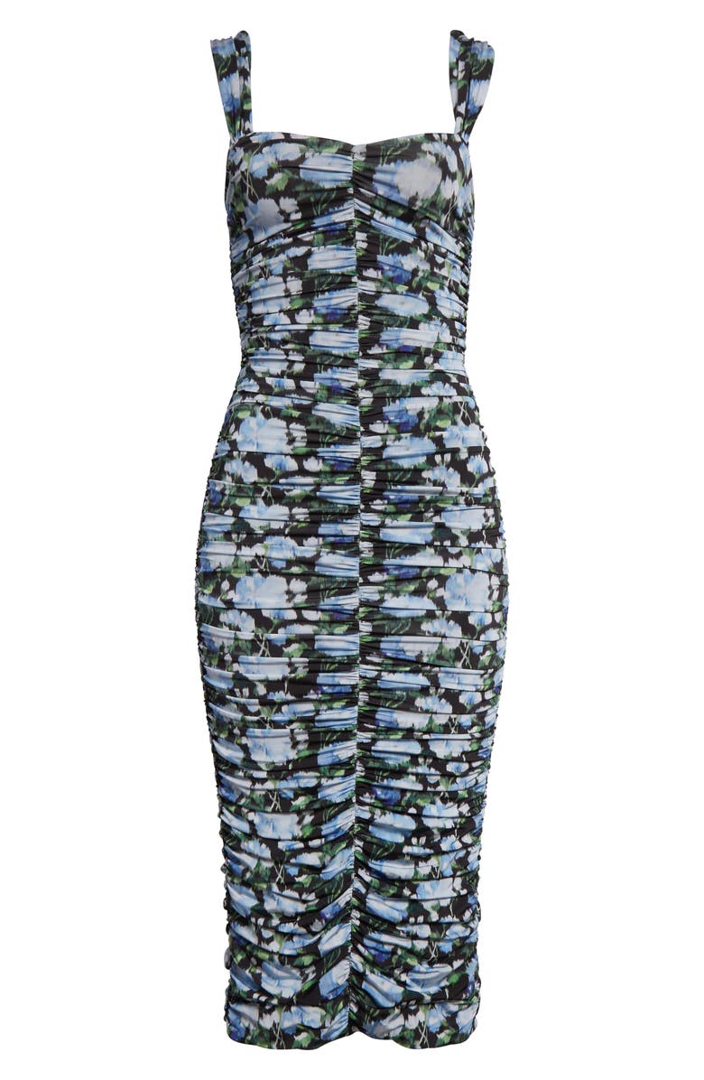 Carolina Herrera Peony Print Ruched Stretch Jersey Midi Dress, Alternate, color, Blue Multi