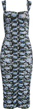 Carolina Herrera Peony Print Ruched Stretch Jersey Midi Dress