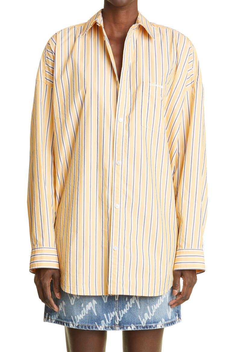 Cocoon Stripe Cotton Poplin Button-Up Shirt, Main, color, YELLOW/ NAVY