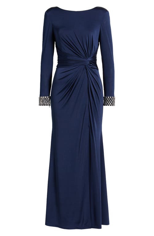 Vince Camuto Center Knot Beaded Cuff Long Sleeve Jersey Gown In Navy