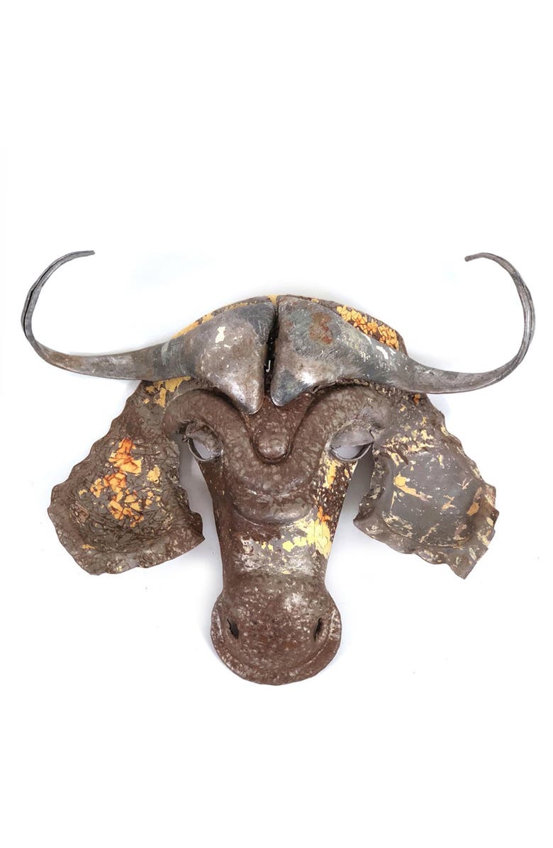Mbare Buffalo Animal Mask - Recycled Metal Wall Art, Main, color, Grey