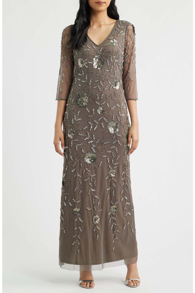 Sequin & Bead Gown, Main, color, MOCHA
