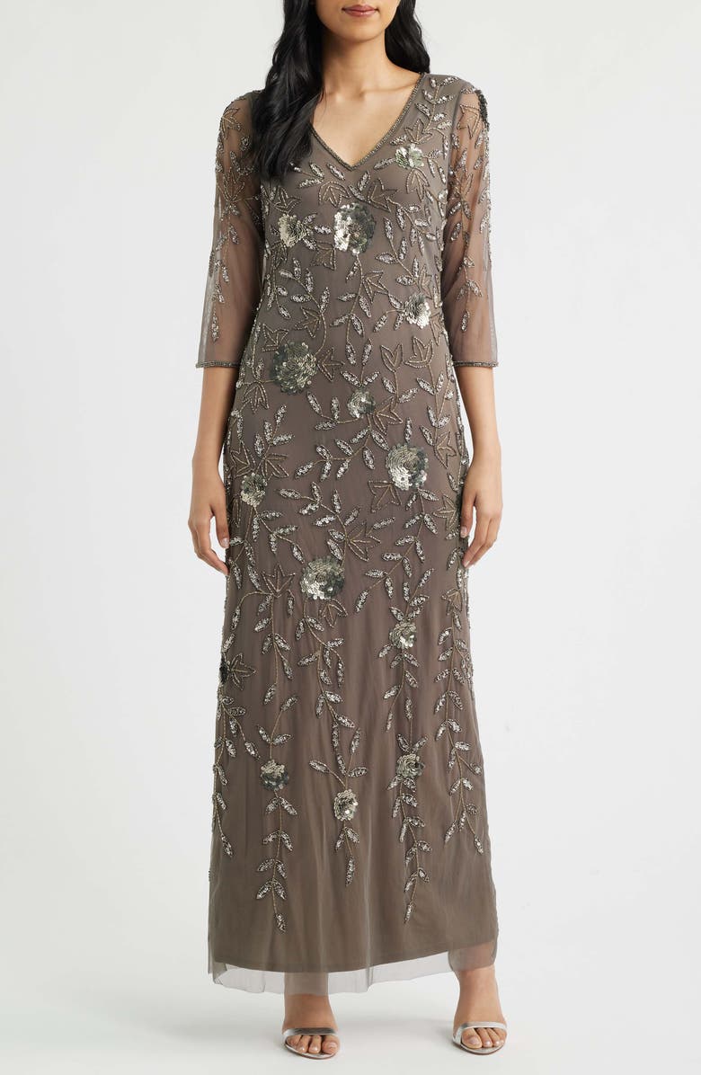 Pisarro Nights Sequin & Bead Gown, Main, color, Mocha