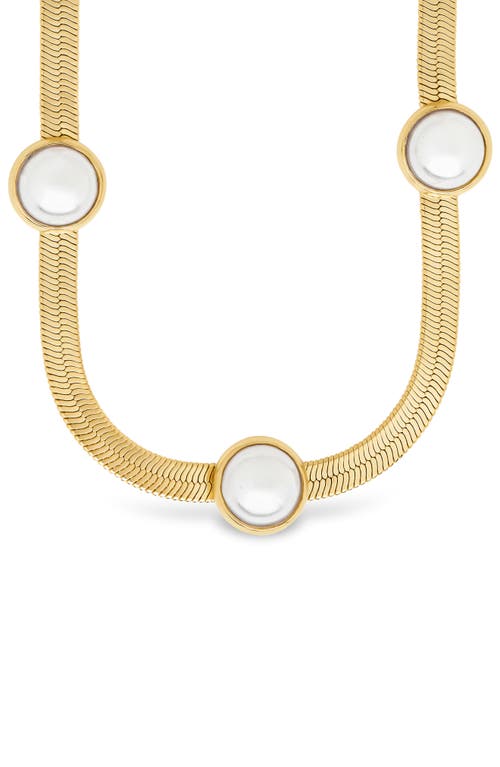 Sterling Forever 14k Plated 10mm Pearl Pamela Stationed Herringbone Necklace