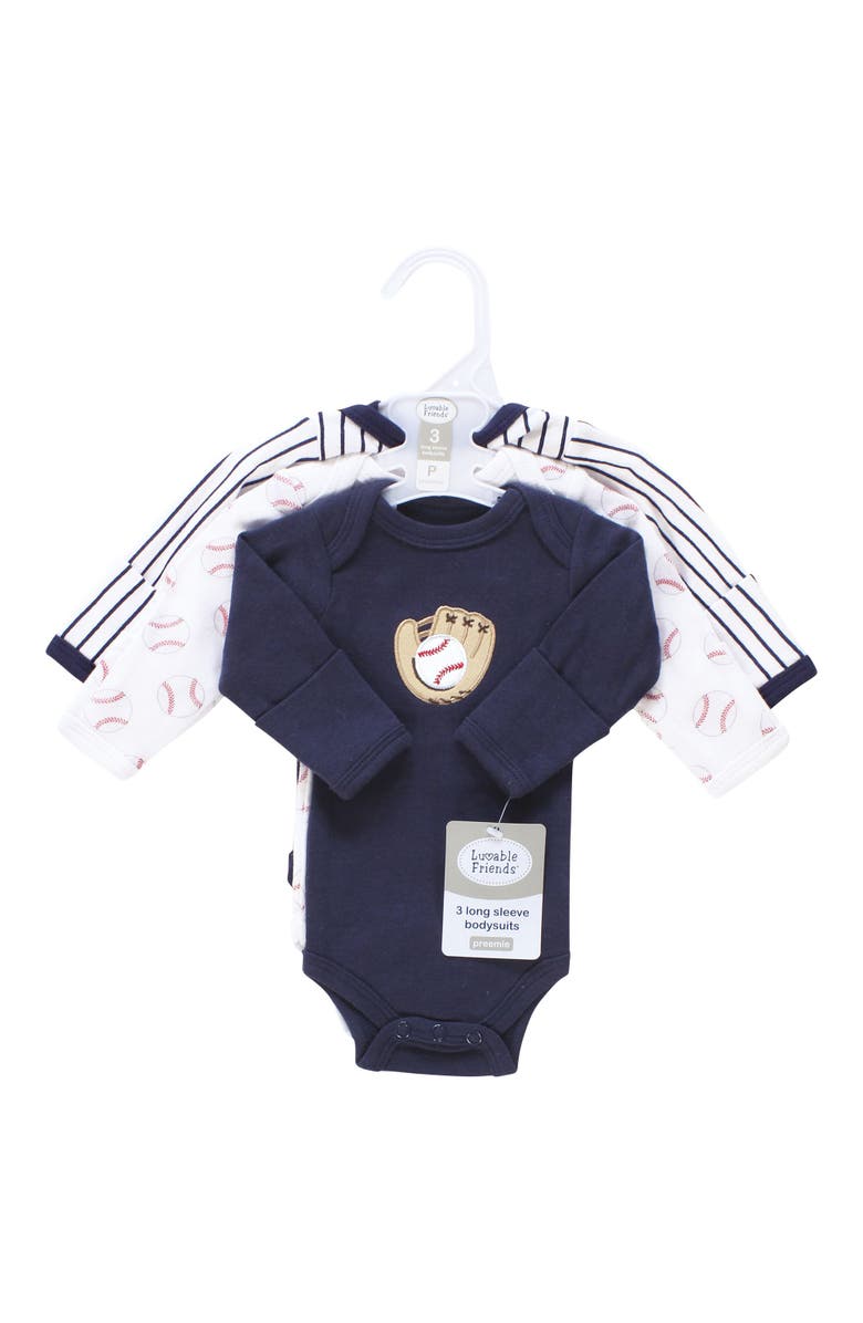 Luvable Friends Preemie Long Sleeve Bodysuits 3pk Baseball, Alternate, color, Baseball