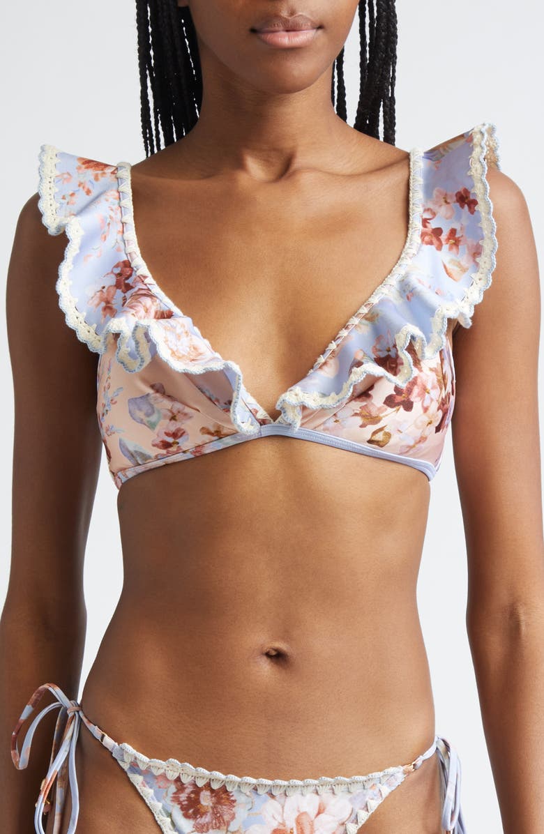 Zimmermann Awaken Crochet Trim Flutter Bikini Top, Main, color, Spliced Print