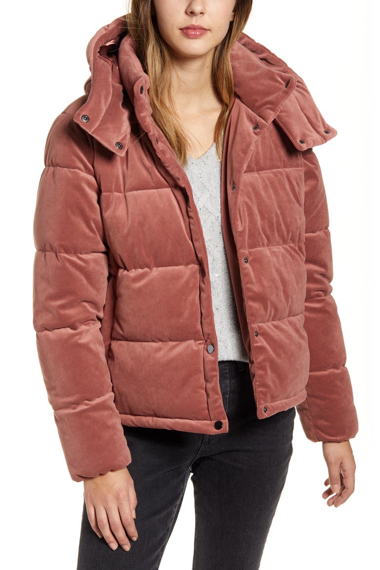 Velvet Puffer Coat, Main, color, PINK ASH