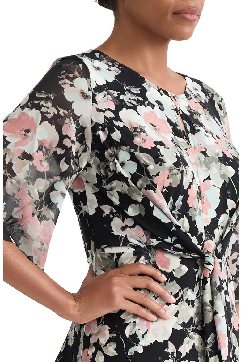 Floral Print Mixed Media Tie Waist Top, Alternate, color, BLACK MULTI