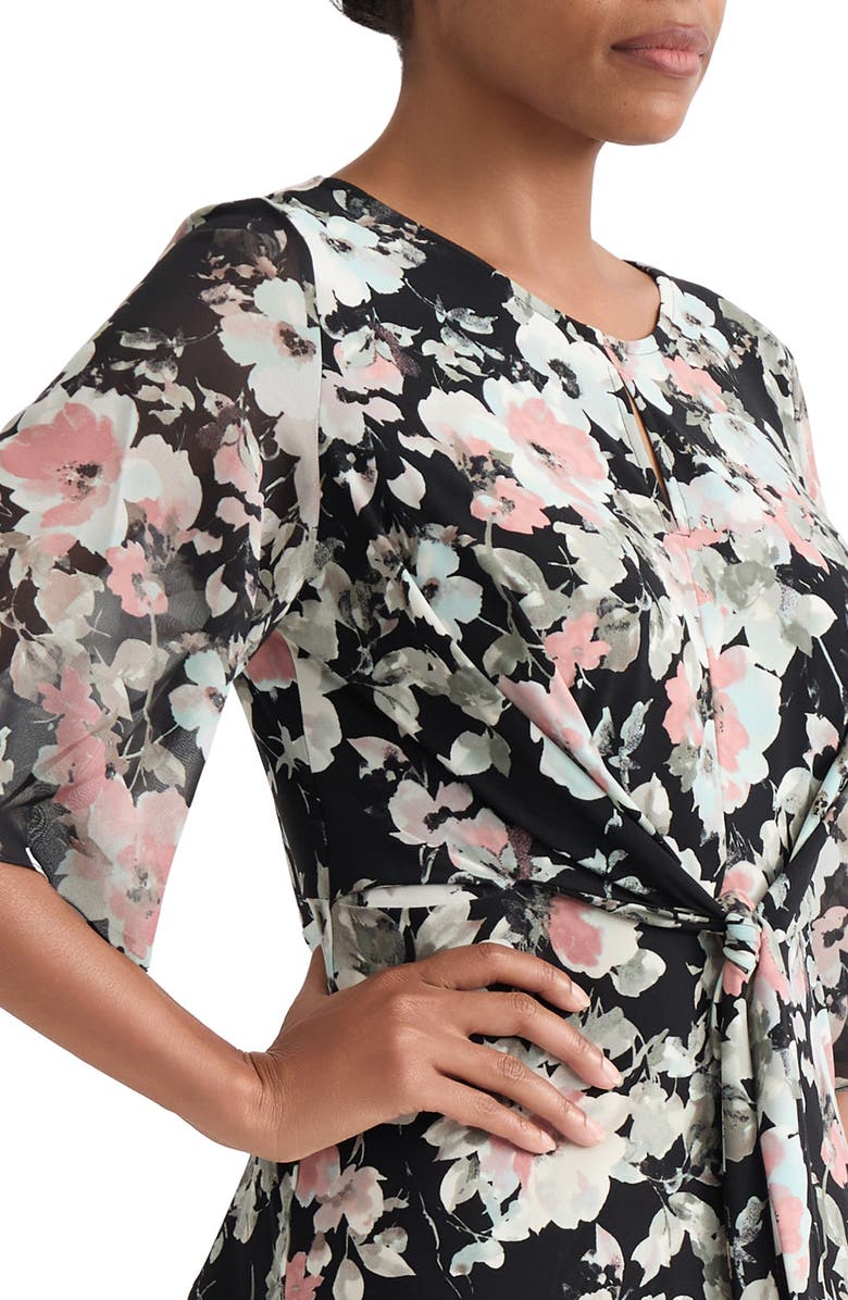 KASPER Floral Print Mixed Media Tie Waist Top, Alternate, color, Black Multi