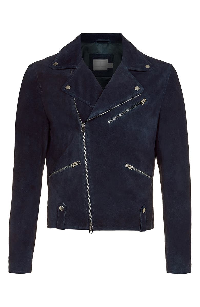 Topman Blue Suede Biker Jacket, Alternate, color, 