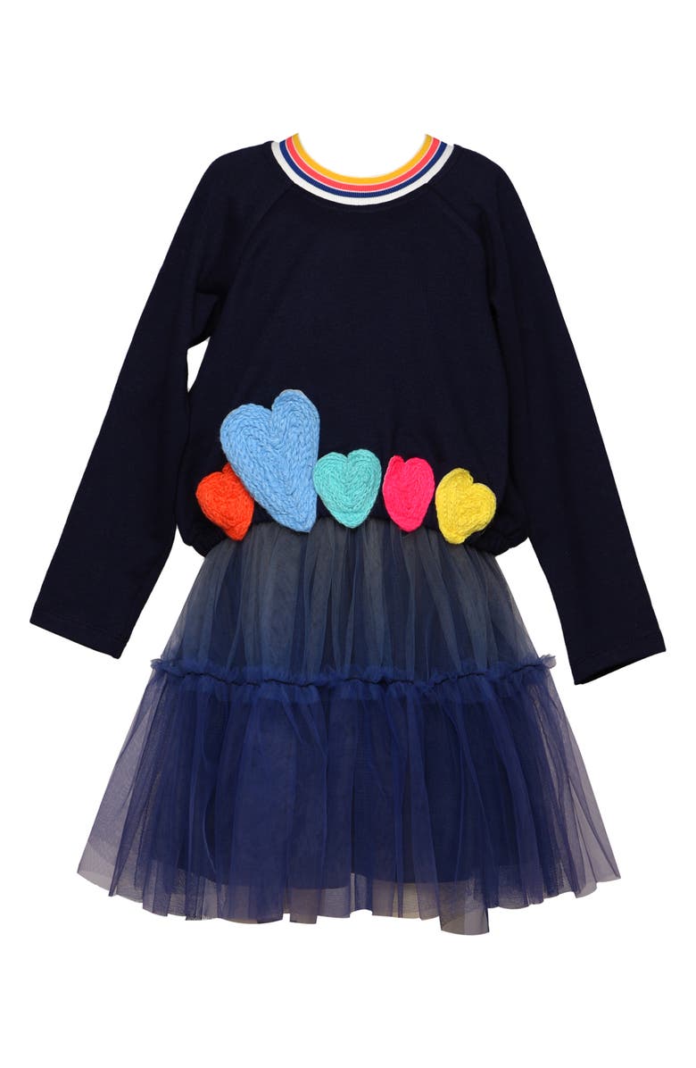 Baby Sara Kids' Hearts & Tulle Twofer Long Sleeve Dress, Main, color, Navy Multi