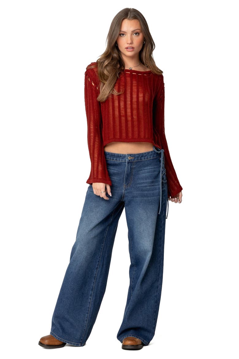 Sagir Sheer Ladder Stitch Crop Top, Alternate, color, BURGUNDY