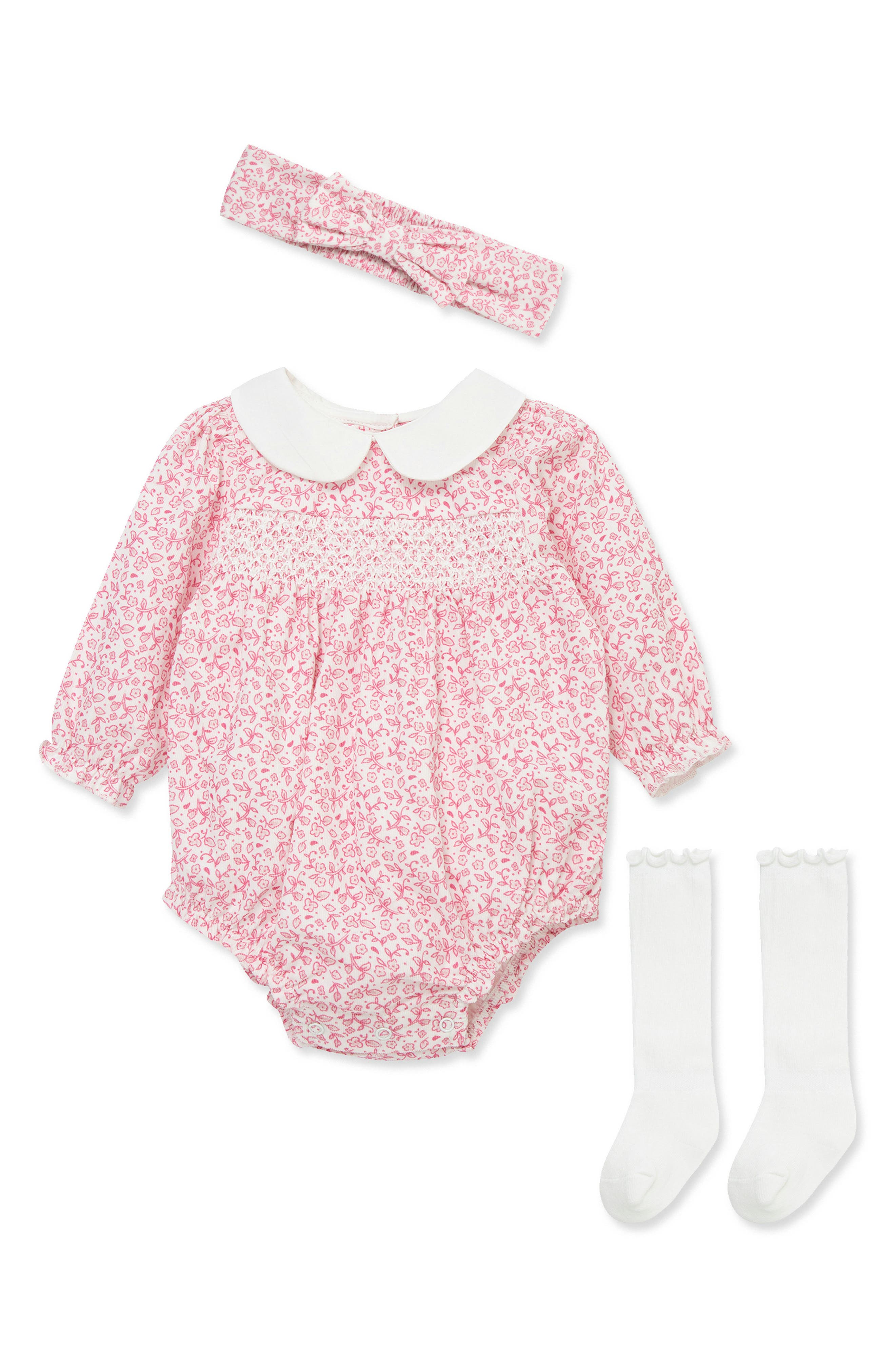 Kids' Floral Smocked Bubble Romper, Headband & Socks 3-Piece Set