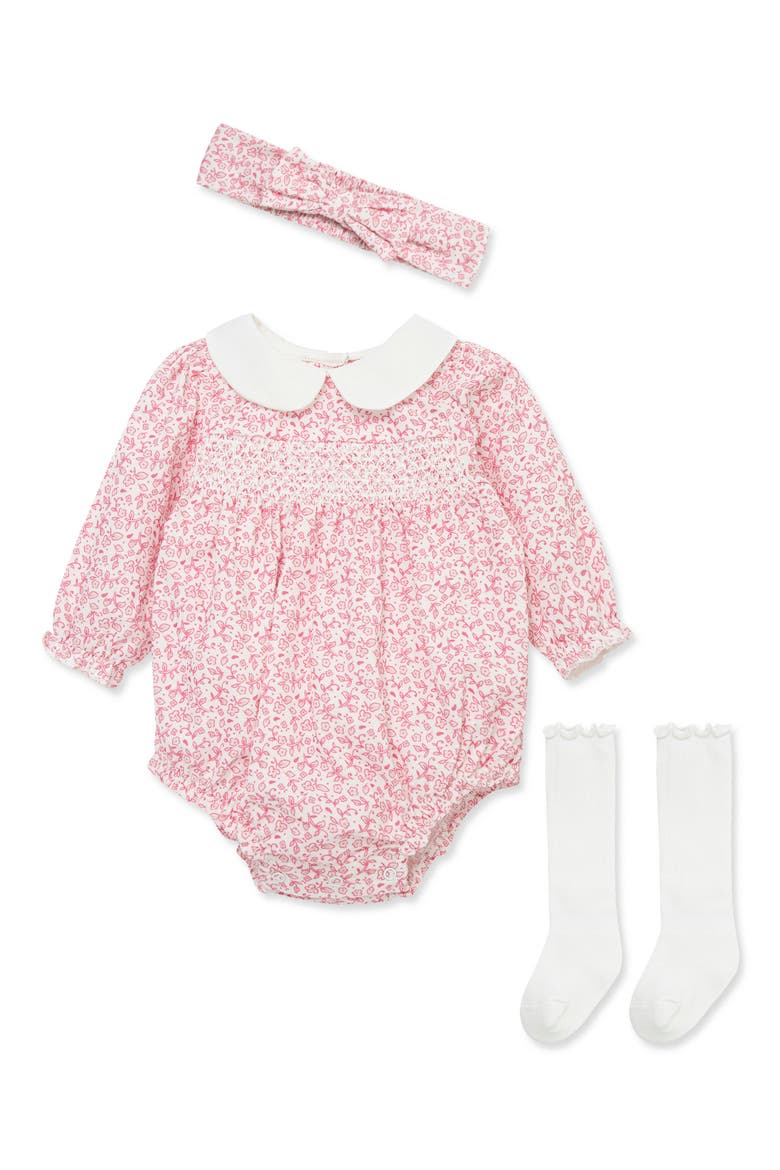 Floral Smocked Bubble Romper, Headband & Socks 3-Piece Set, Main, color, PINK FLORAL