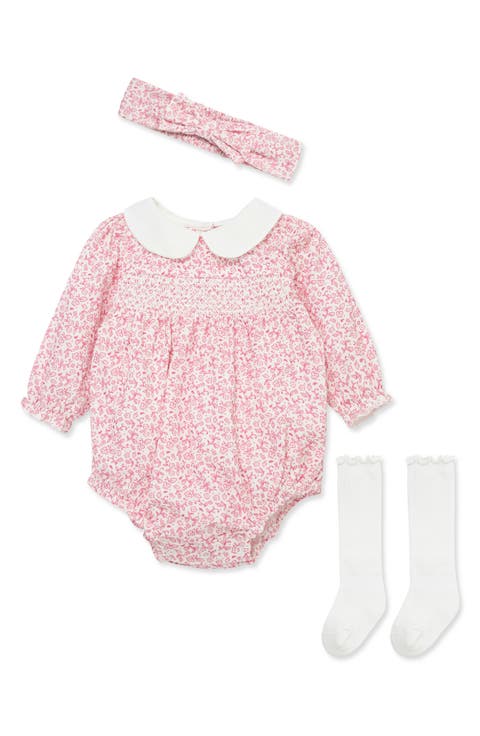Kids' Floral Smocked Bubble Romper, Headband & Socks 3-Piece Set