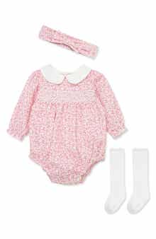 Floral Smocked Bubble Romper, Headband & Socks 3-Piece Set