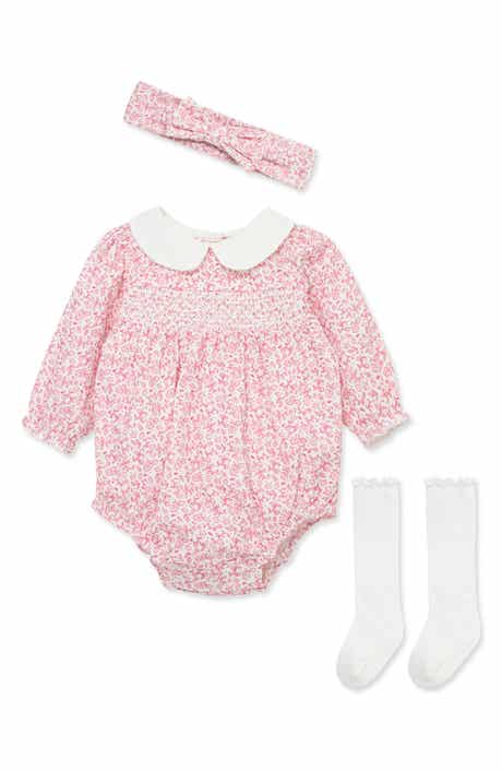 Kids' Floral Smocked Bubble Romper, Headband & Socks 3-Piece Set