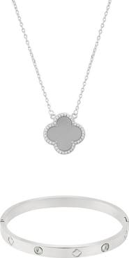 Adornia Silver Halo Clover Necklace & Bangle Set