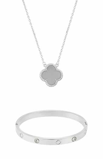 Adornia Silver Halo Clover Necklace & Bangle Set