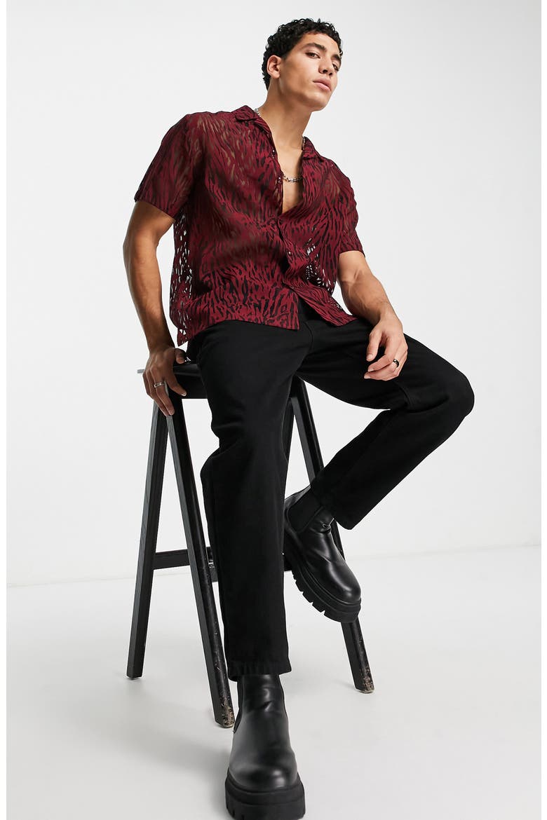 Tiger Print Burnout Camp Shirt, Alternate, color, RED