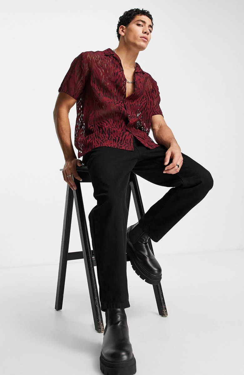 Topman Tiger Print Burnout Camp Shirt, Alternate, color,