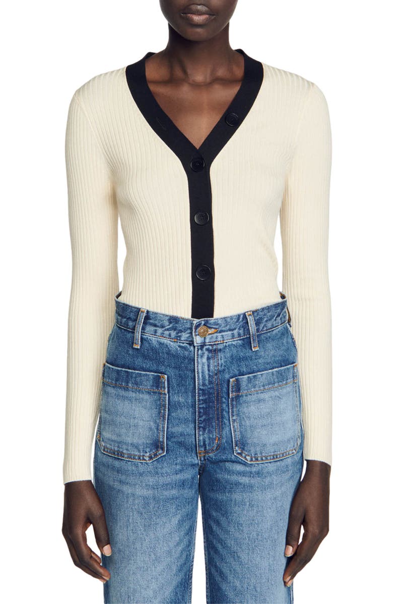 SANDRO Gabrielle Rib Cardigan, Main, color, 