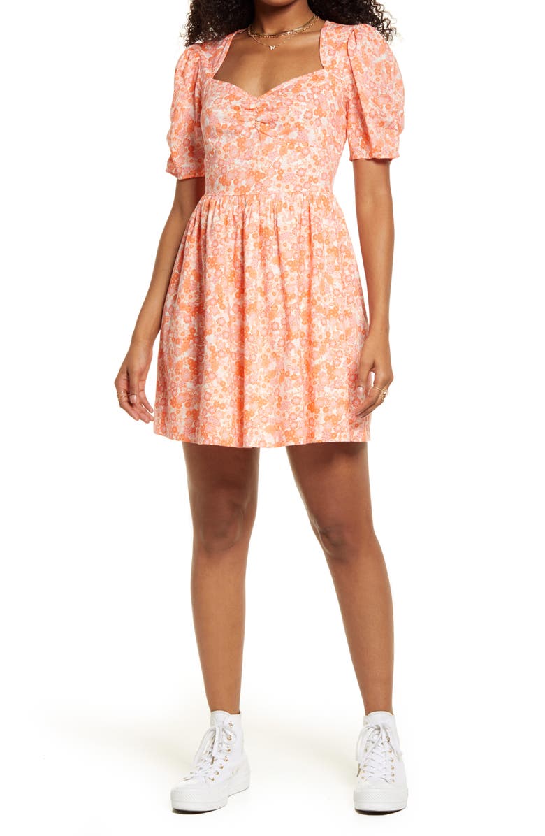 BP. Floral Print Fit & Flare Minidress, Main, color, Ivory- Coral Tarry Floral