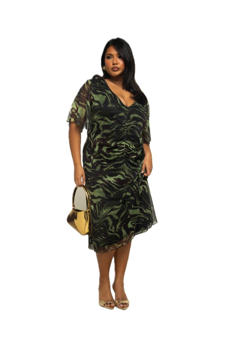 Plus Size Zebra Print Mesh Midi Dress, Main, color, Khaki
