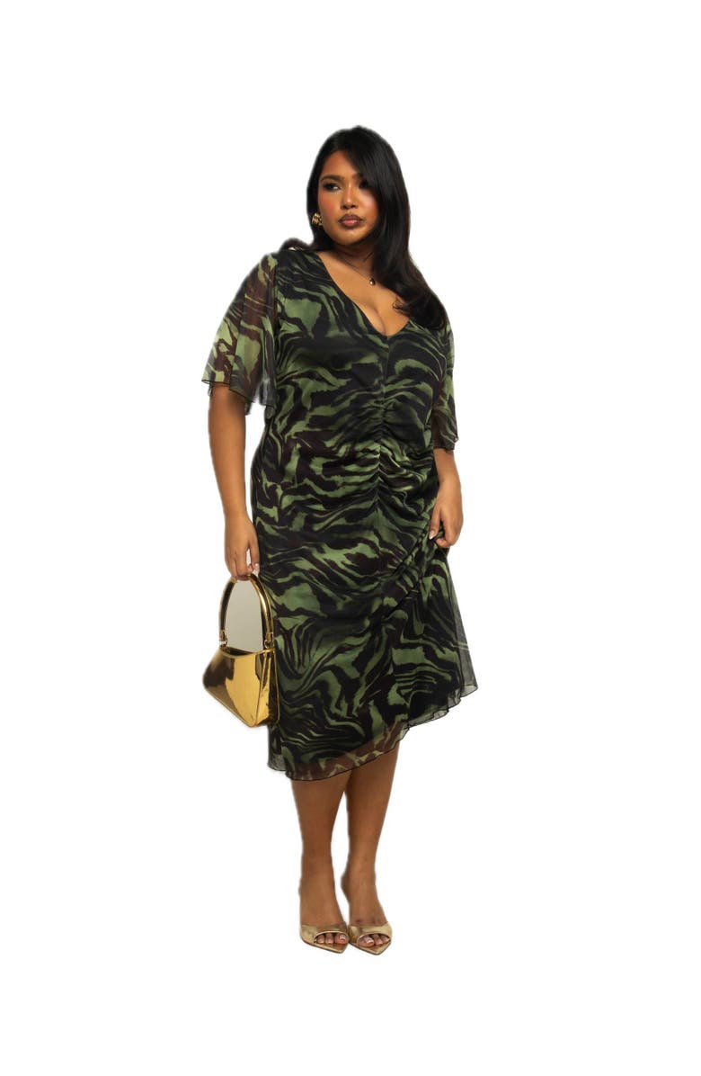 FASHION-SZN CURVE Plus Size Zebra Print Mesh Midi Dress, Main, color, Khaki